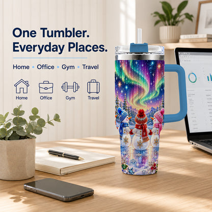#pl[40oz|Blue] Jeweled Snowmen 40oz Tumbler with Handle, Aurora Stainless Steel Cup