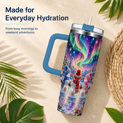 #pl[40oz|Blue] Jeweled Snowmen 40oz Tumbler with Handle, Aurora Stainless Steel Cup
