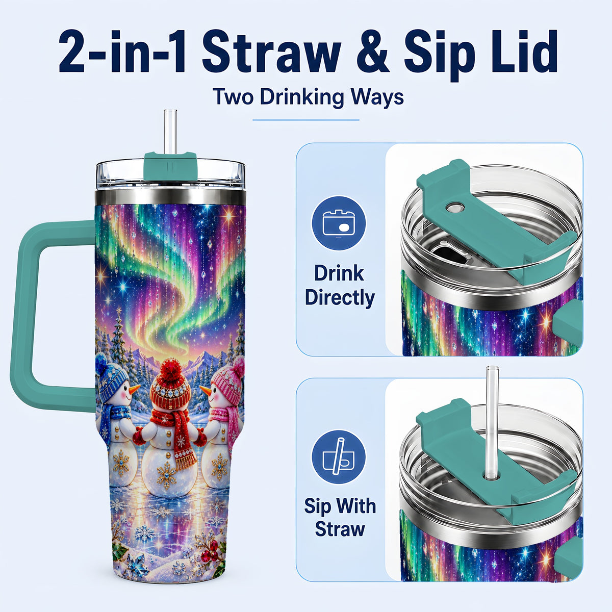 #pl[40oz|Green] Jeweled Snowmen 40oz Tumbler with Handle, Aurora Stainless Steel Cup