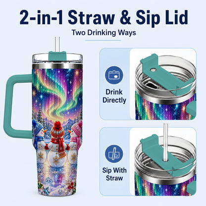 #pl[40oz|Green] Jeweled Snowmen 40oz Tumbler with Handle, Aurora Stainless Steel Cup