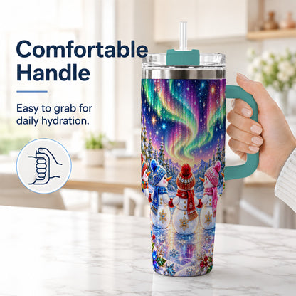 #pl[40oz|Green] Jeweled Snowmen 40oz Tumbler with Handle, Aurora Stainless Steel Cup