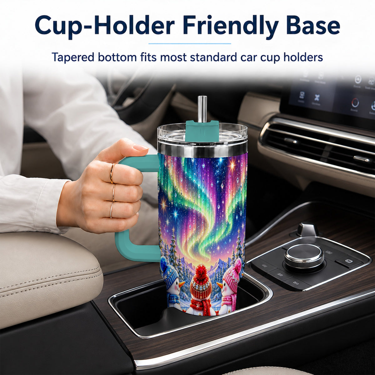#pl[40oz|Green] Jeweled Snowmen 40oz Tumbler with Handle, Aurora Stainless Steel Cup