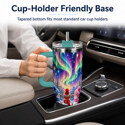 #pl[40oz|Green] Jeweled Snowmen 40oz Tumbler with Handle, Aurora Stainless Steel Cup