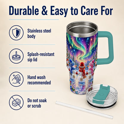 #pl[40oz|Green] Jeweled Snowmen 40oz Tumbler with Handle, Aurora Stainless Steel Cup