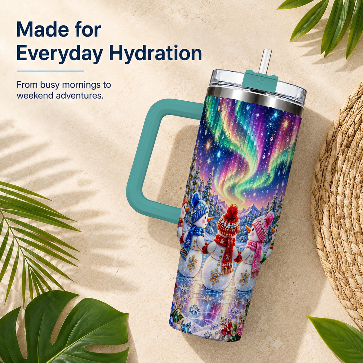 #pl[40oz|Green] Jeweled Snowmen 40oz Tumbler with Handle, Aurora Stainless Steel Cup