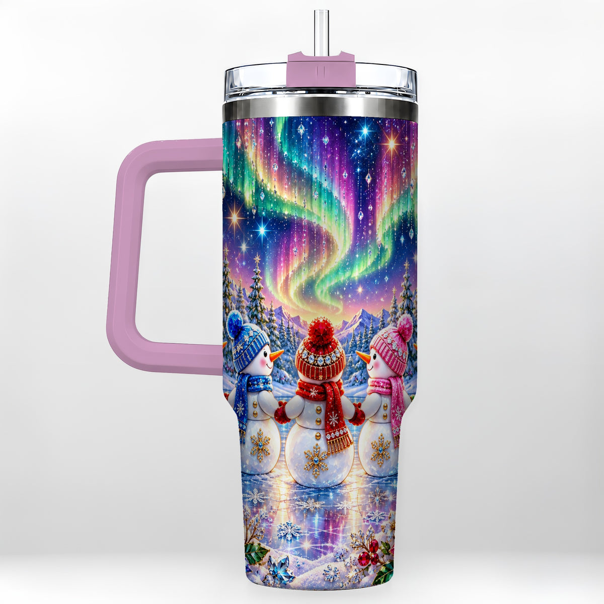 #pl[40oz|Pink] Jeweled Snowmen 40oz Tumbler with Handle, Aurora Stainless Steel Cup