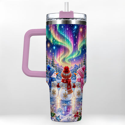 #pl[40oz|Pink] Jeweled Snowmen 40oz Tumbler with Handle, Aurora Stainless Steel Cup