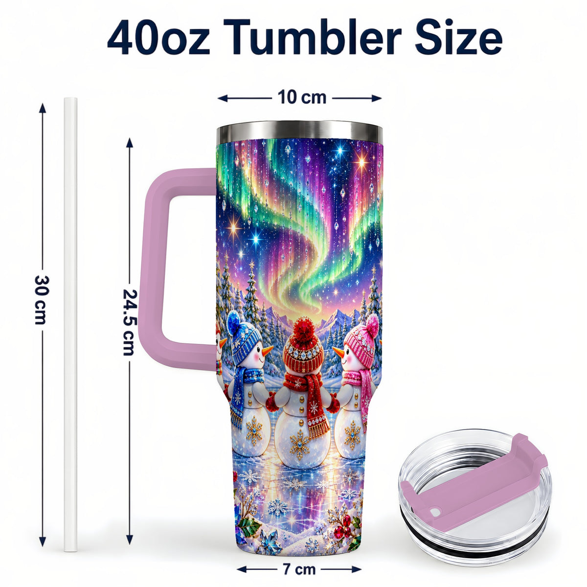 #pl[40oz|Pink] Jeweled Snowmen 40oz Tumbler with Handle, Aurora Stainless Steel Cup