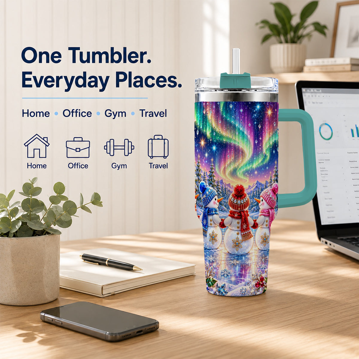 #pl[40oz|Green] Jeweled Snowmen 40oz Tumbler with Handle, Aurora Stainless Steel Cup