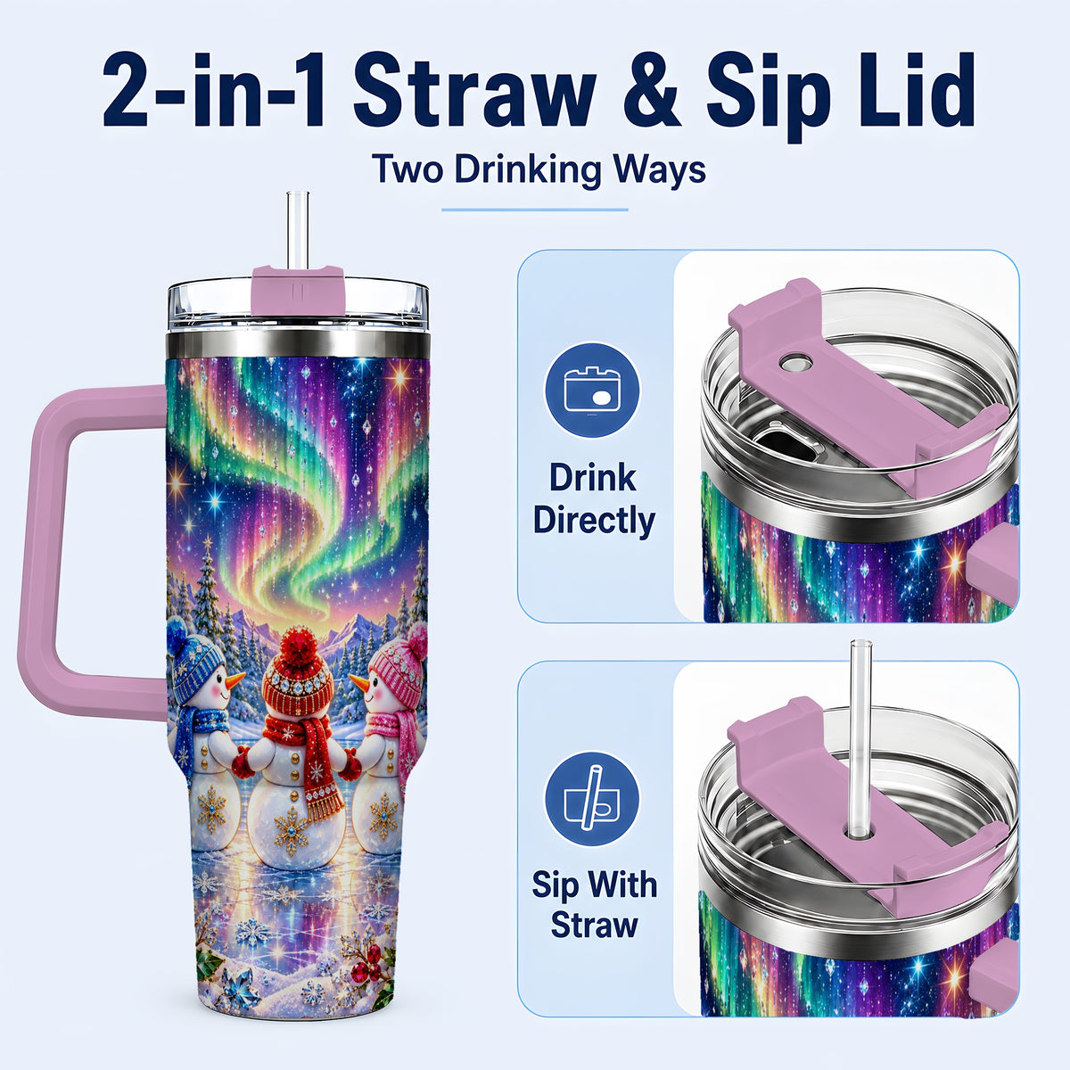 #pl[40oz|Pink] Jeweled Snowmen 40oz Tumbler with Handle, Aurora Stainless Steel Cup