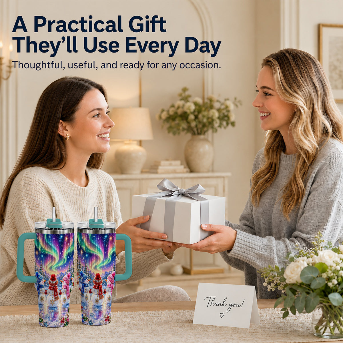 #pl[40oz|Green] Jeweled Snowmen 40oz Tumbler with Handle, Aurora Stainless Steel Cup