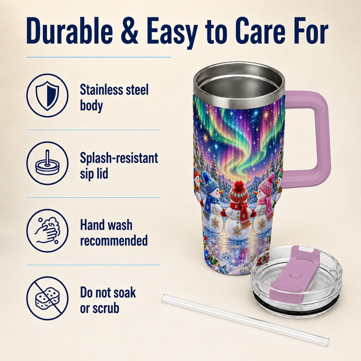 #pl[40oz|Pink] Jeweled Snowmen 40oz Tumbler with Handle, Aurora Stainless Steel Cup