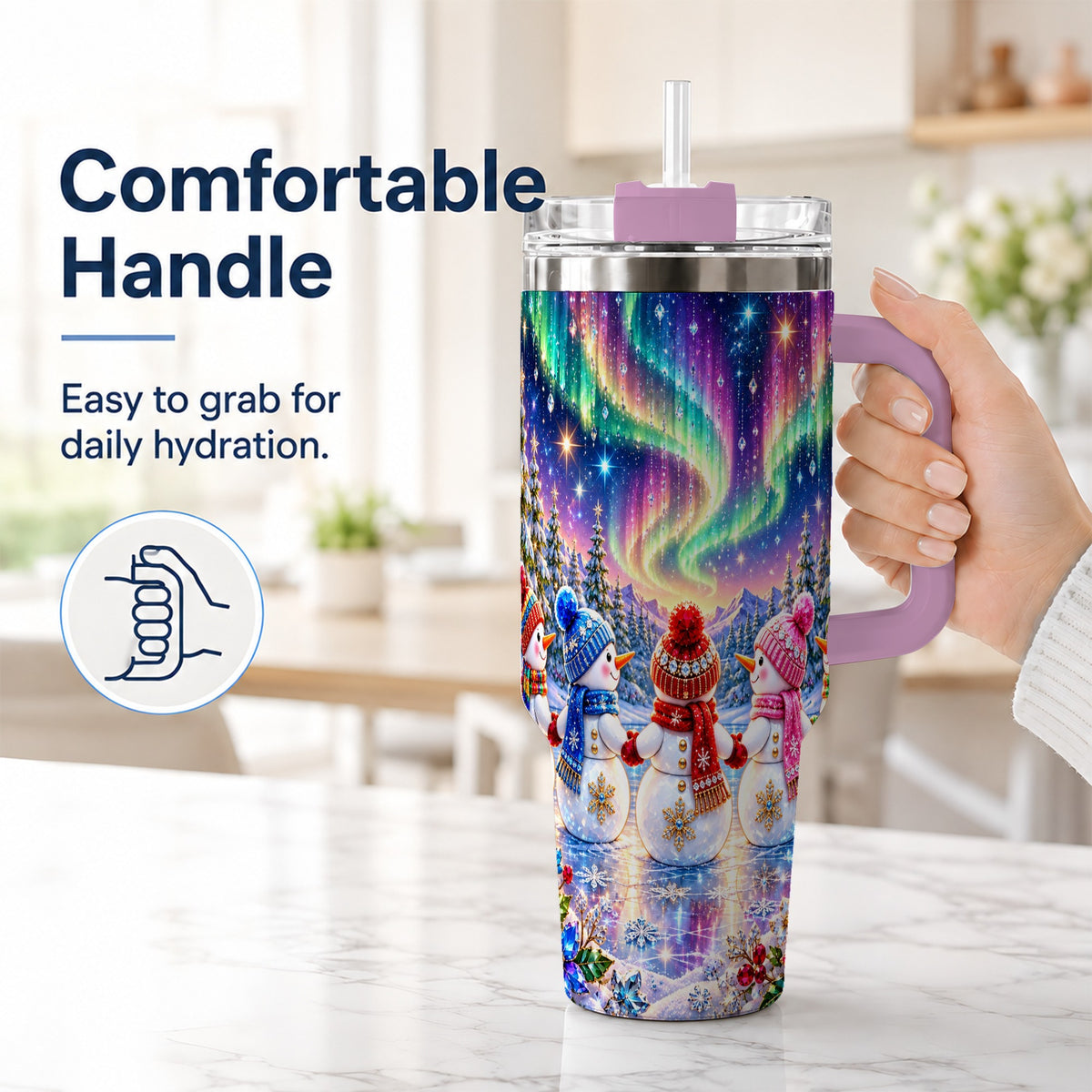 #pl[40oz|Pink] Jeweled Snowmen 40oz Tumbler with Handle, Aurora Stainless Steel Cup