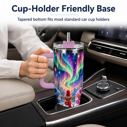 #pl[40oz|Pink] Jeweled Snowmen 40oz Tumbler with Handle, Aurora Stainless Steel Cup