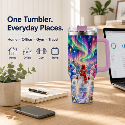 #pl[40oz|Pink] Jeweled Snowmen 40oz Tumbler with Handle, Aurora Stainless Steel Cup