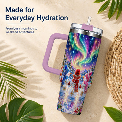 #pl[40oz|Pink] Jeweled Snowmen 40oz Tumbler with Handle, Aurora Stainless Steel Cup