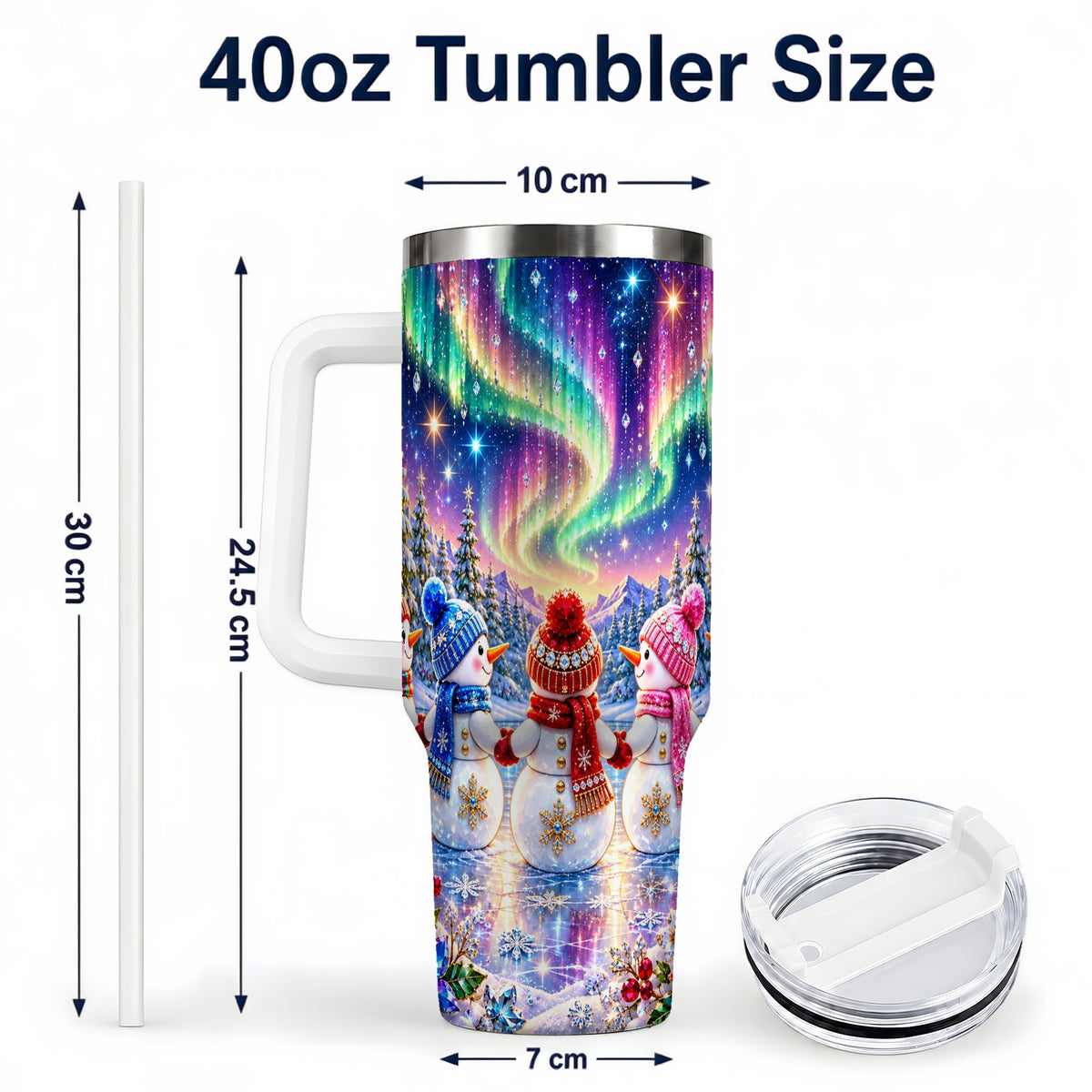 #pl[40oz|White] Jeweled Snowmen 40oz Tumbler with Handle, Aurora Stainless Steel Cup