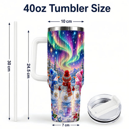 #pl[40oz|White] Jeweled Snowmen 40oz Tumbler with Handle, Aurora Stainless Steel Cup