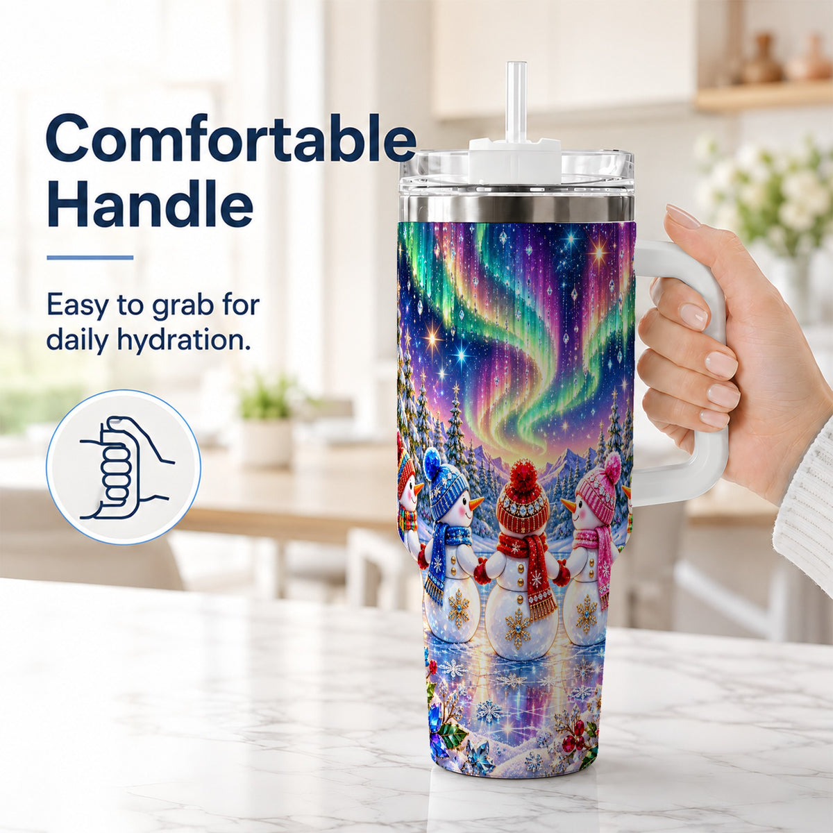 #pl[40oz|White] Jeweled Snowmen 40oz Tumbler with Handle, Aurora Stainless Steel Cup