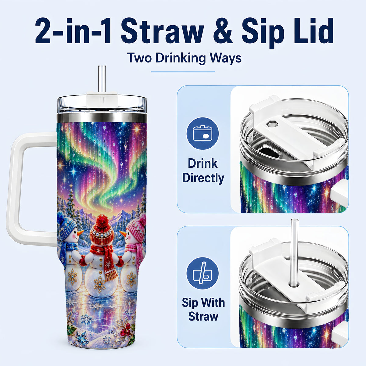 #pl[40oz|White] Jeweled Snowmen 40oz Tumbler with Handle, Aurora Stainless Steel Cup