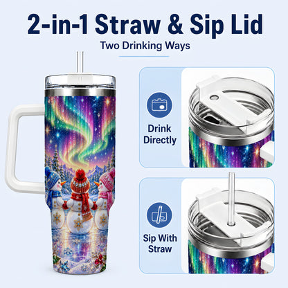 #pl[40oz|White] Jeweled Snowmen 40oz Tumbler with Handle, Aurora Stainless Steel Cup