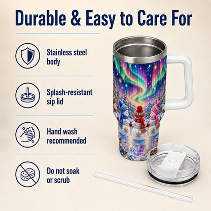 #pl[40oz|White] Jeweled Snowmen 40oz Tumbler with Handle, Aurora Stainless Steel Cup