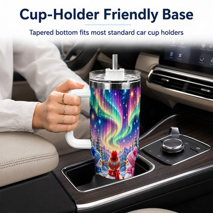 #pl[40oz|White] Jeweled Snowmen 40oz Tumbler with Handle, Aurora Stainless Steel Cup