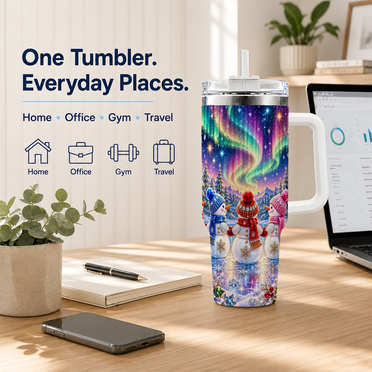 #pl[40oz|White] Jeweled Snowmen 40oz Tumbler with Handle, Aurora Stainless Steel Cup