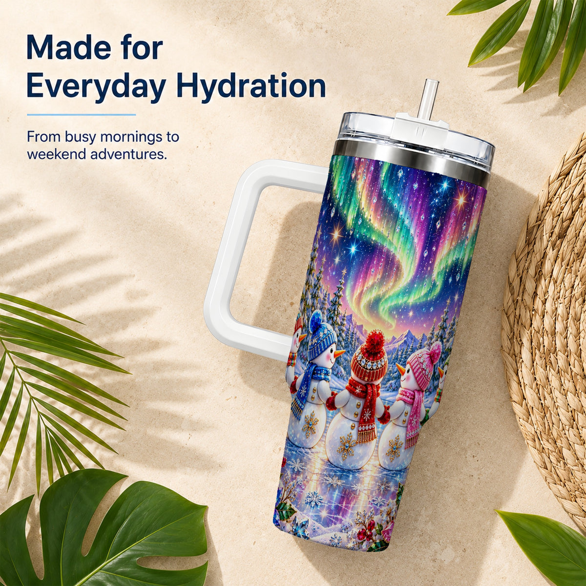 #pl[40oz|White] Jeweled Snowmen 40oz Tumbler with Handle, Aurora Stainless Steel Cup