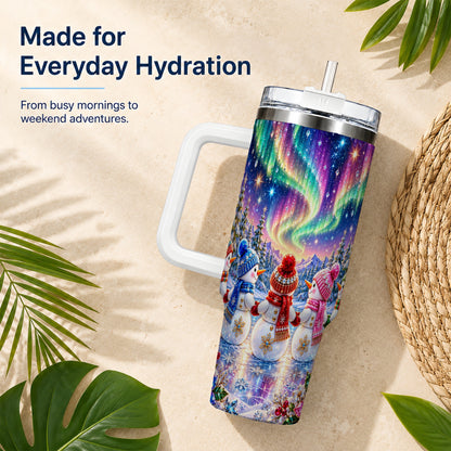 #pl[40oz|White] Jeweled Snowmen 40oz Tumbler with Handle, Aurora Stainless Steel Cup