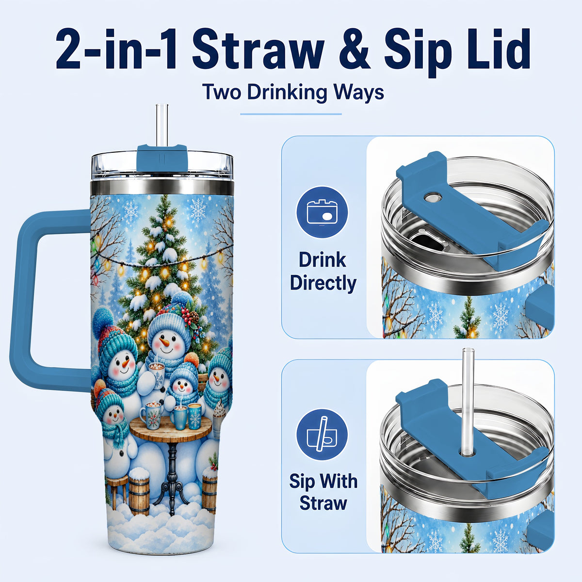 #pl[40oz|Blue] Snowman Family 40oz Tumbler with Handle, Christmas Stainless Steel Cup