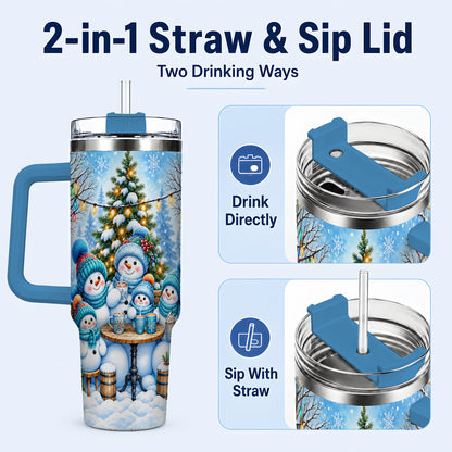 #pl[40oz|Blue] Snowman Family 40oz Tumbler with Handle, Christmas Stainless Steel Cup