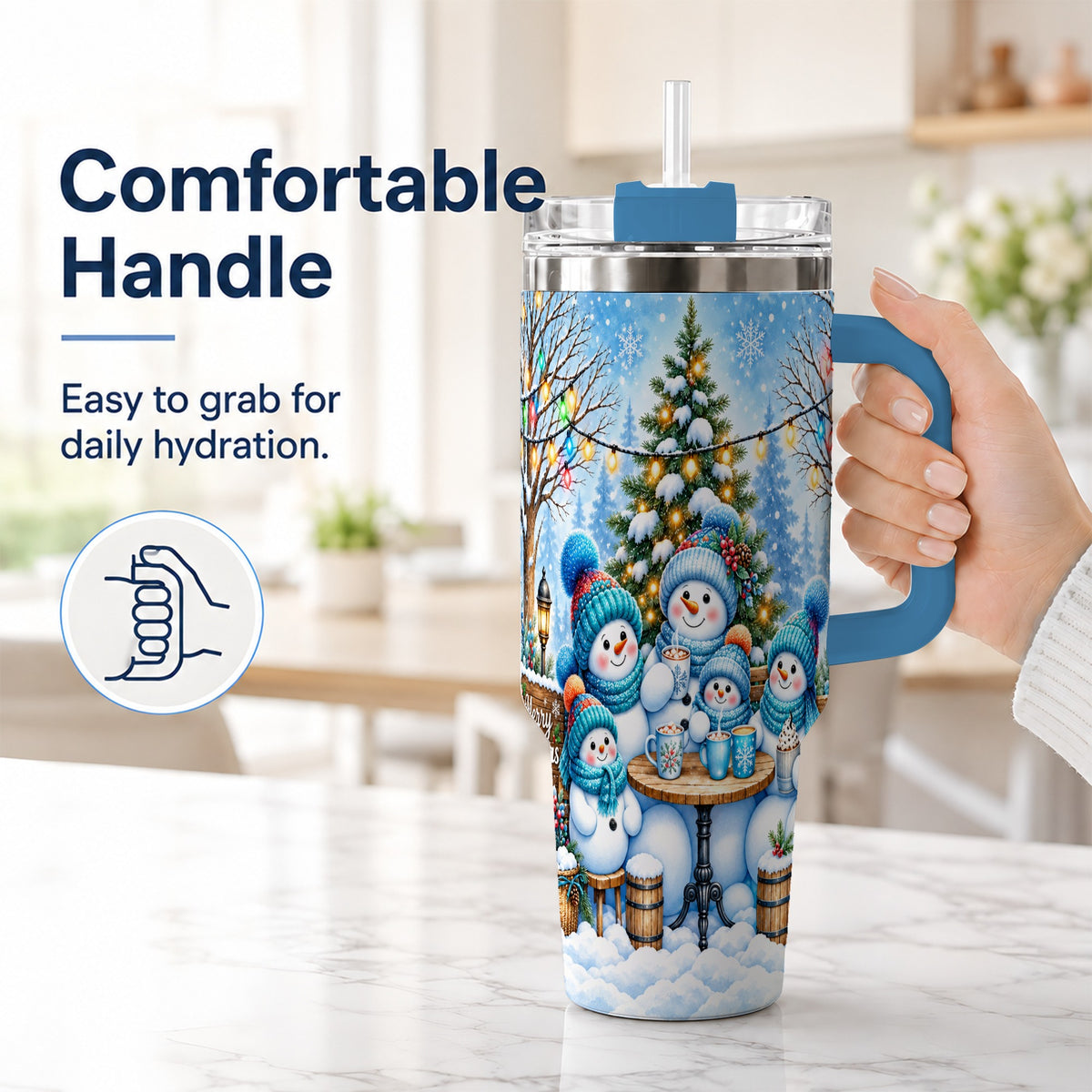 #pl[40oz|Blue] Snowman Family 40oz Tumbler with Handle, Christmas Stainless Steel Cup