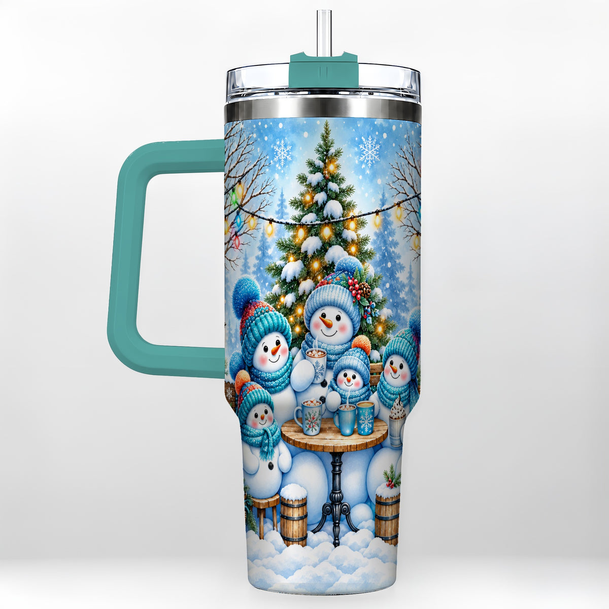 #pl[40oz|Green] Snowman Family 40oz Tumbler with Handle, Christmas Stainless Steel Cup