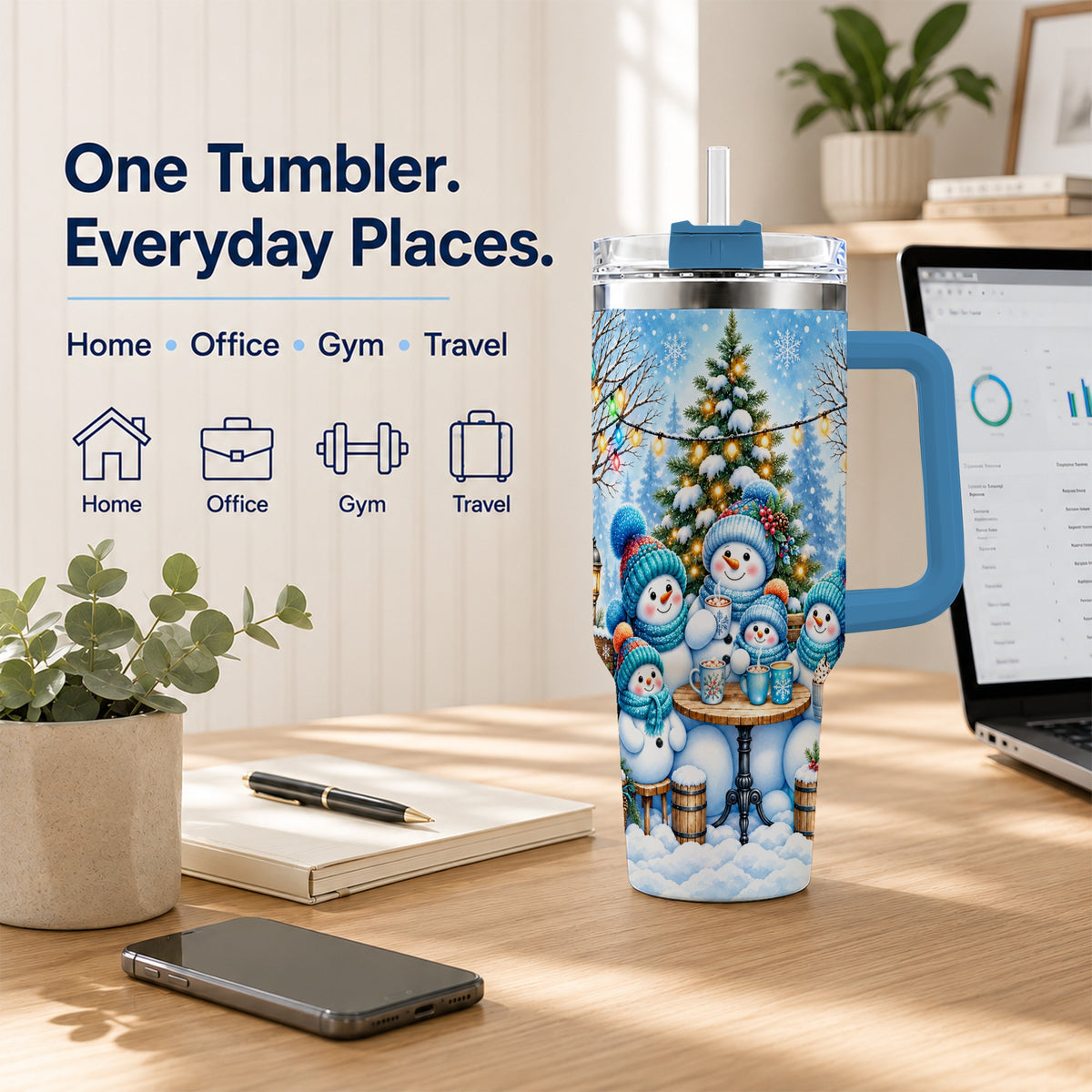 #pl[40oz|Blue] Snowman Family 40oz Tumbler with Handle, Christmas Stainless Steel Cup