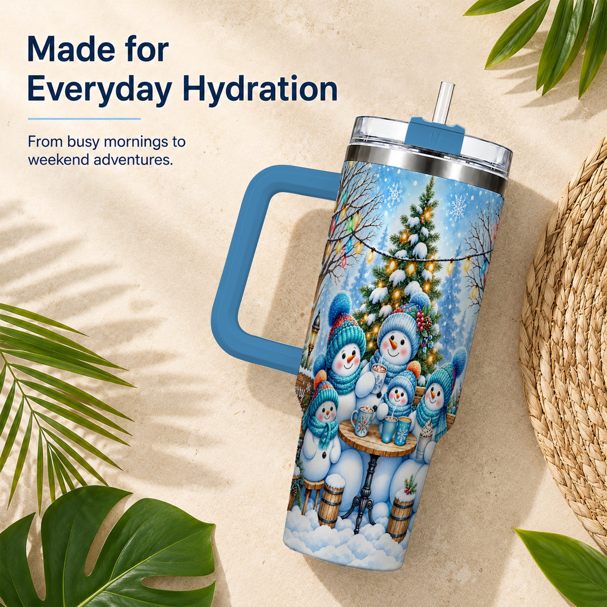 #pl[40oz|Blue] Snowman Family 40oz Tumbler with Handle, Christmas Stainless Steel Cup