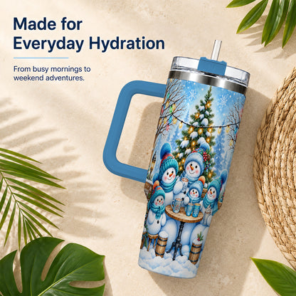 #pl[40oz|Blue] Snowman Family 40oz Tumbler with Handle, Christmas Stainless Steel Cup