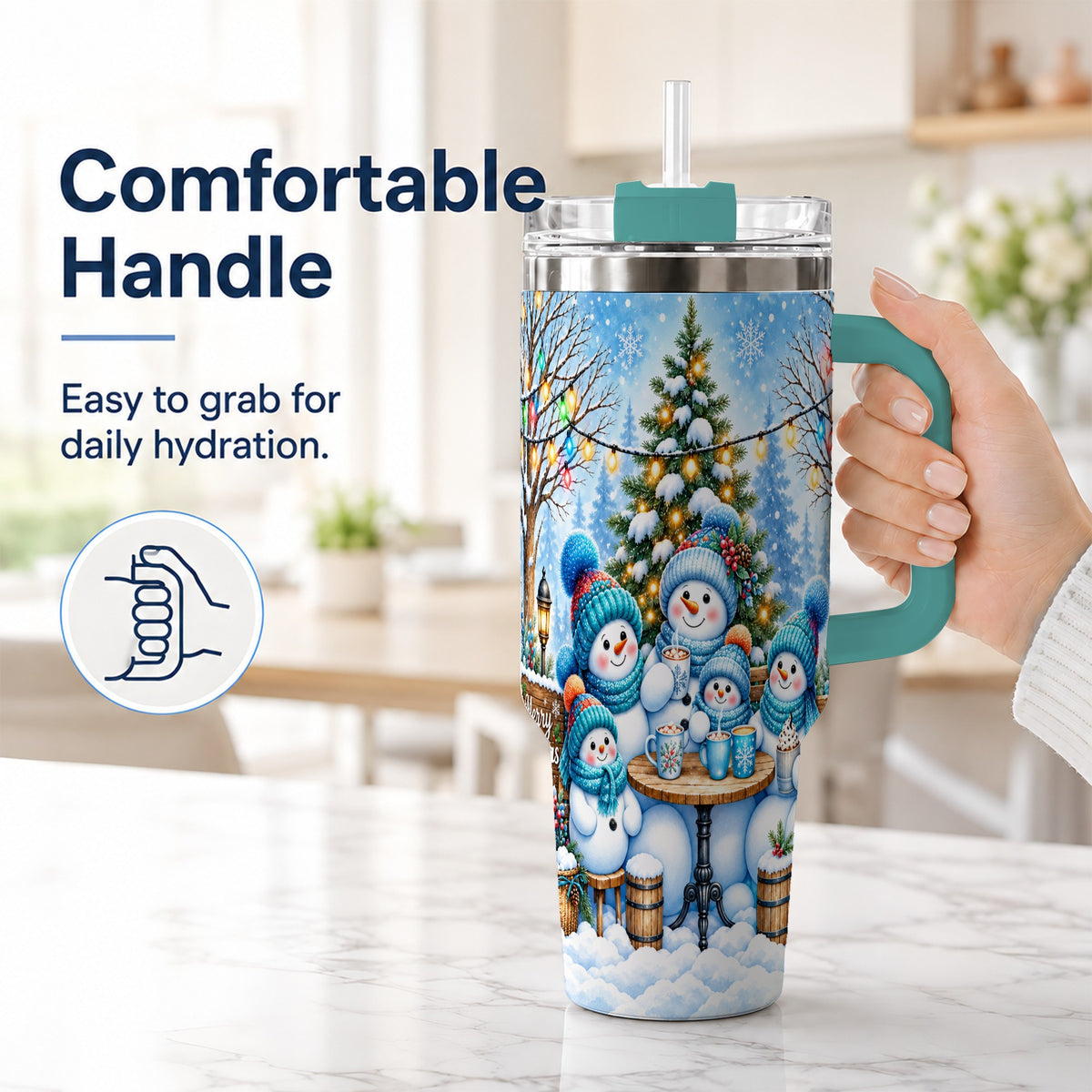 #pl[40oz|Green] Snowman Family 40oz Tumbler with Handle, Christmas Stainless Steel Cup