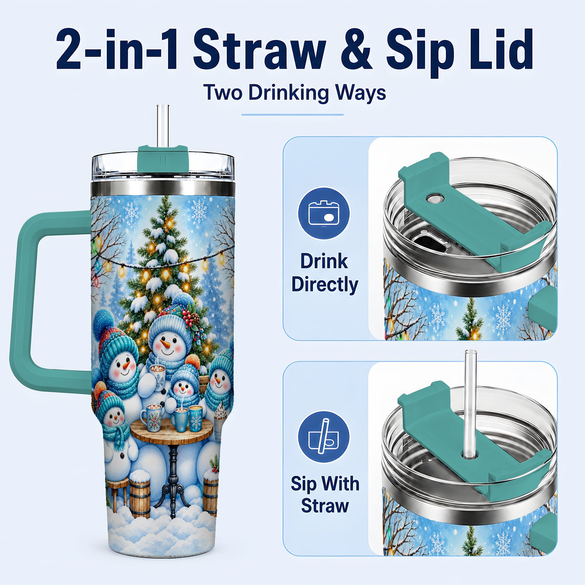 #pl[40oz|Green] Snowman Family 40oz Tumbler with Handle, Christmas Stainless Steel Cup