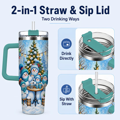 #pl[40oz|Green] Snowman Family 40oz Tumbler with Handle, Christmas Stainless Steel Cup