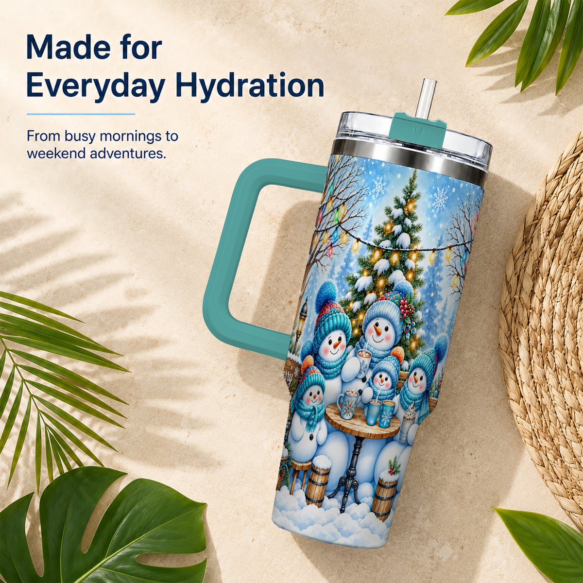 #pl[40oz|Green] Snowman Family 40oz Tumbler with Handle, Christmas Stainless Steel Cup