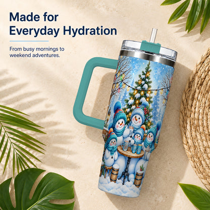 #pl[40oz|Green] Snowman Family 40oz Tumbler with Handle, Christmas Stainless Steel Cup