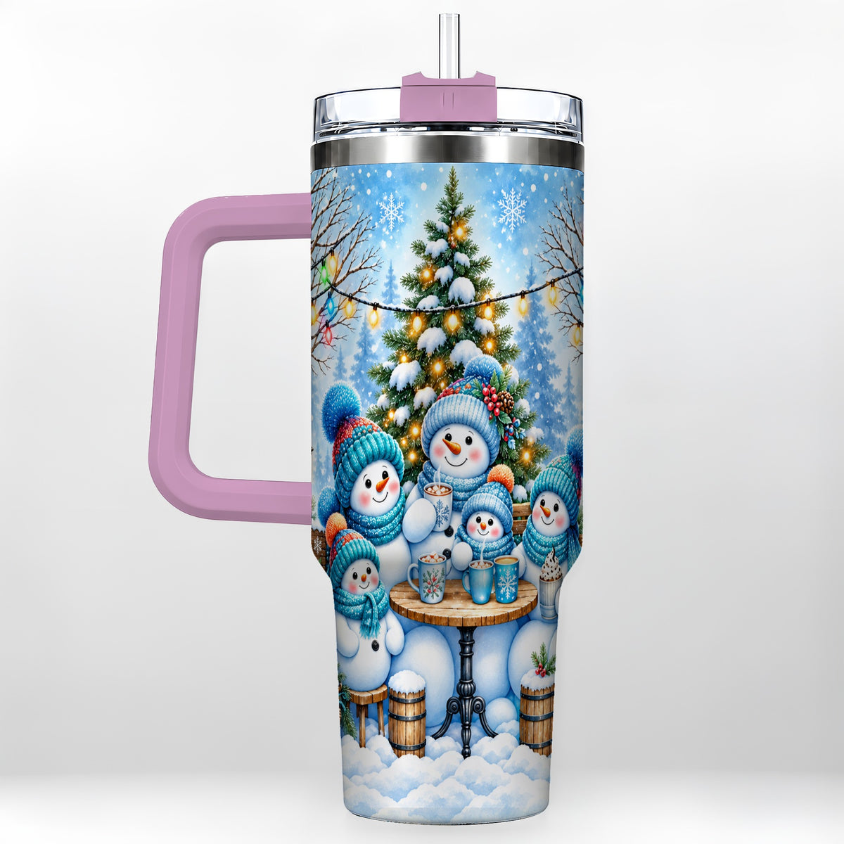 #pl[40oz|Pink] Snowman Family 40oz Tumbler with Handle, Christmas Stainless Steel Cup