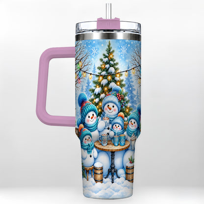 #pl[40oz|Pink] Snowman Family 40oz Tumbler with Handle, Christmas Stainless Steel Cup