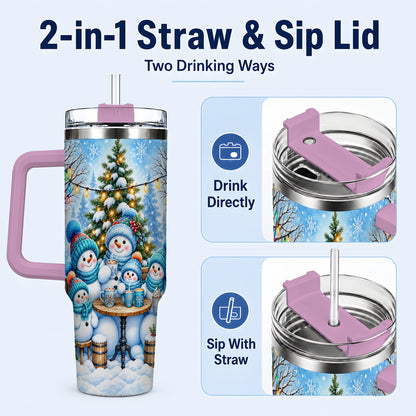#pl[40oz|Pink] Snowman Family 40oz Tumbler with Handle, Christmas Stainless Steel Cup