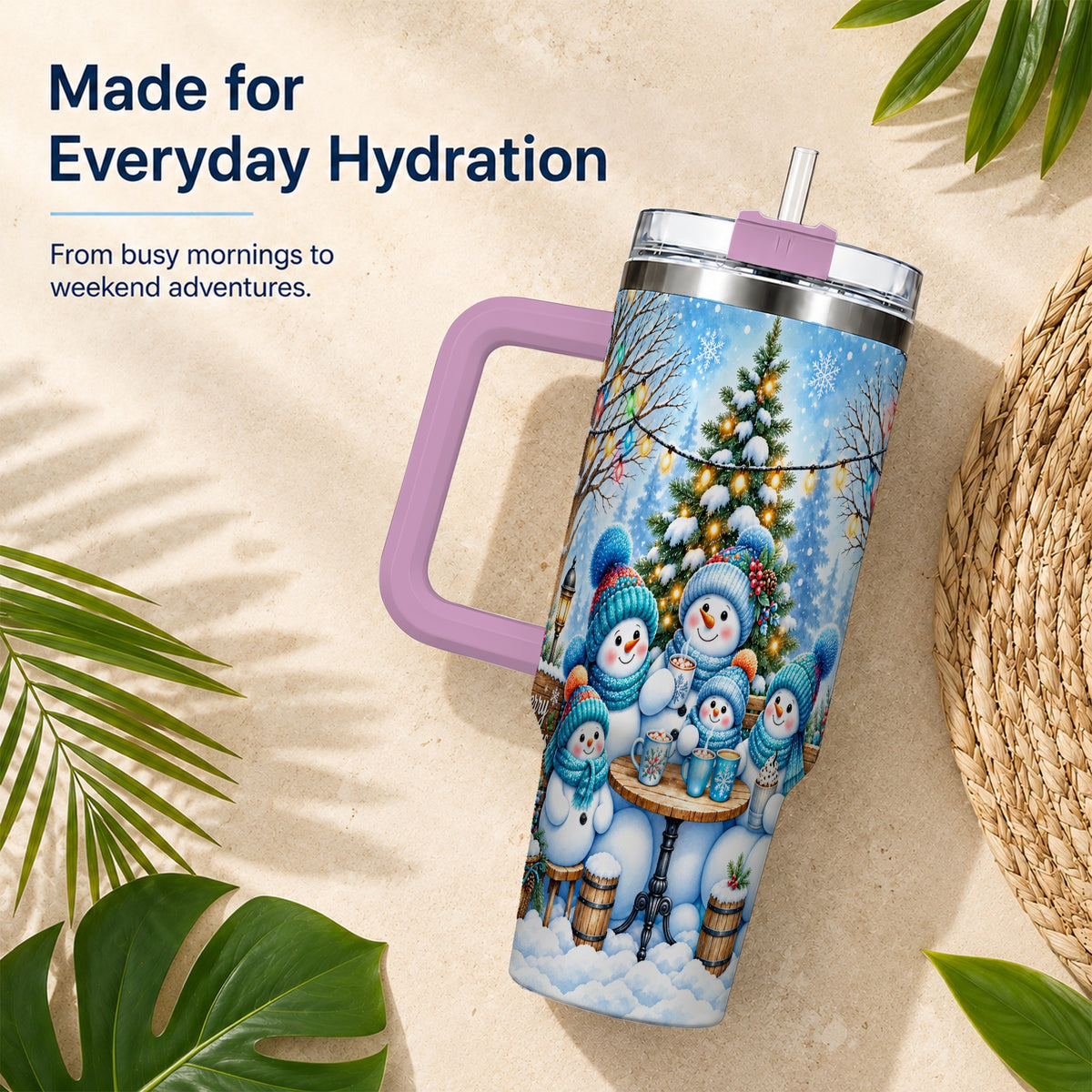 #pl[40oz|Pink] Snowman Family 40oz Tumbler with Handle, Christmas Stainless Steel Cup