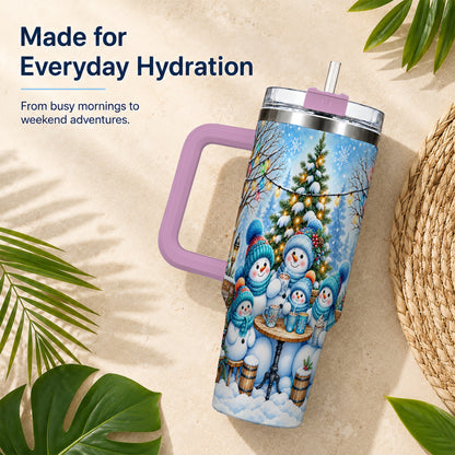 #pl[40oz|Pink] Snowman Family 40oz Tumbler with Handle, Christmas Stainless Steel Cup