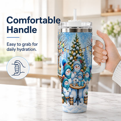 #pl[40oz|White] Snowman Family 40oz Tumbler with Handle, Christmas Stainless Steel Cup