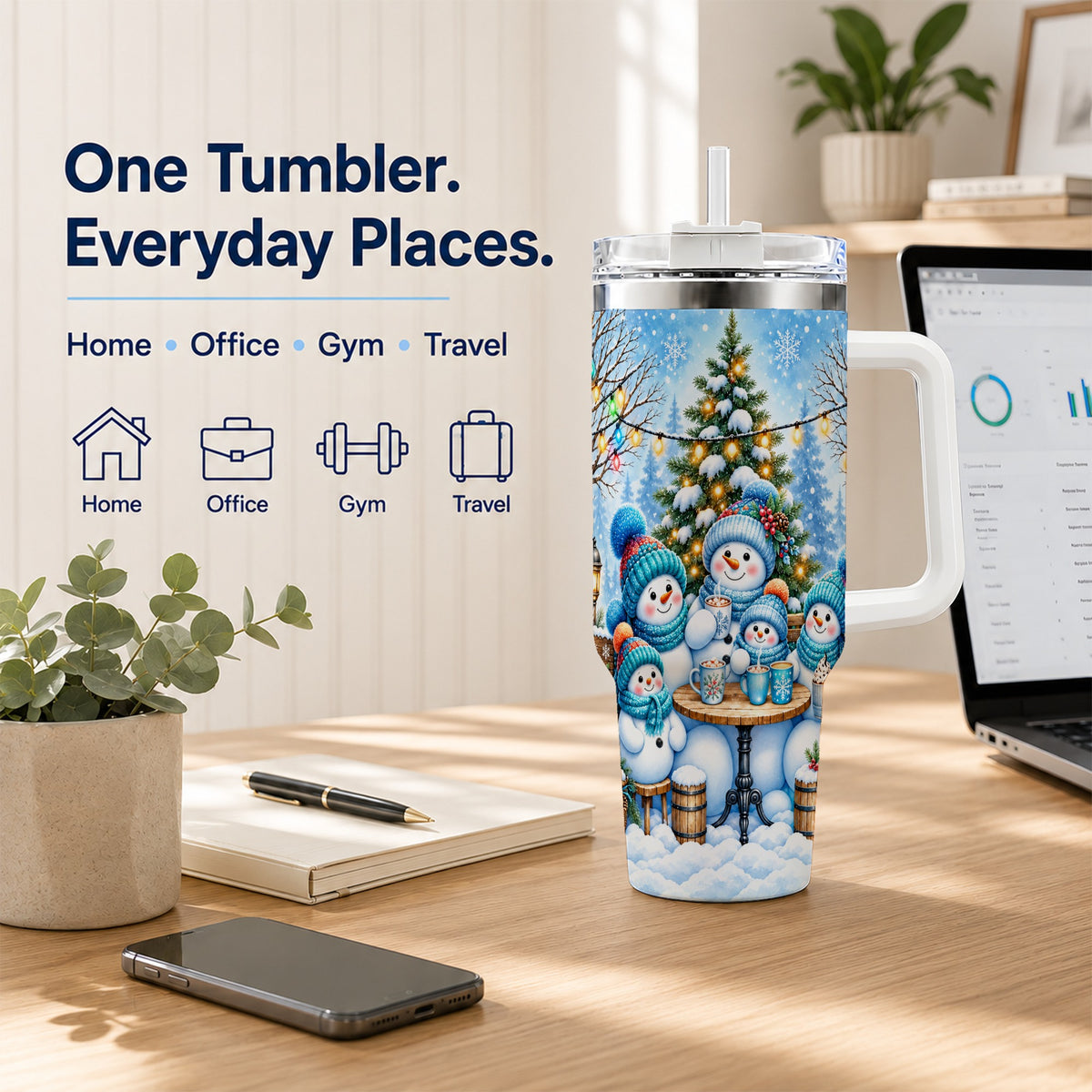 #pl[40oz|White] Snowman Family 40oz Tumbler with Handle, Christmas Stainless Steel Cup