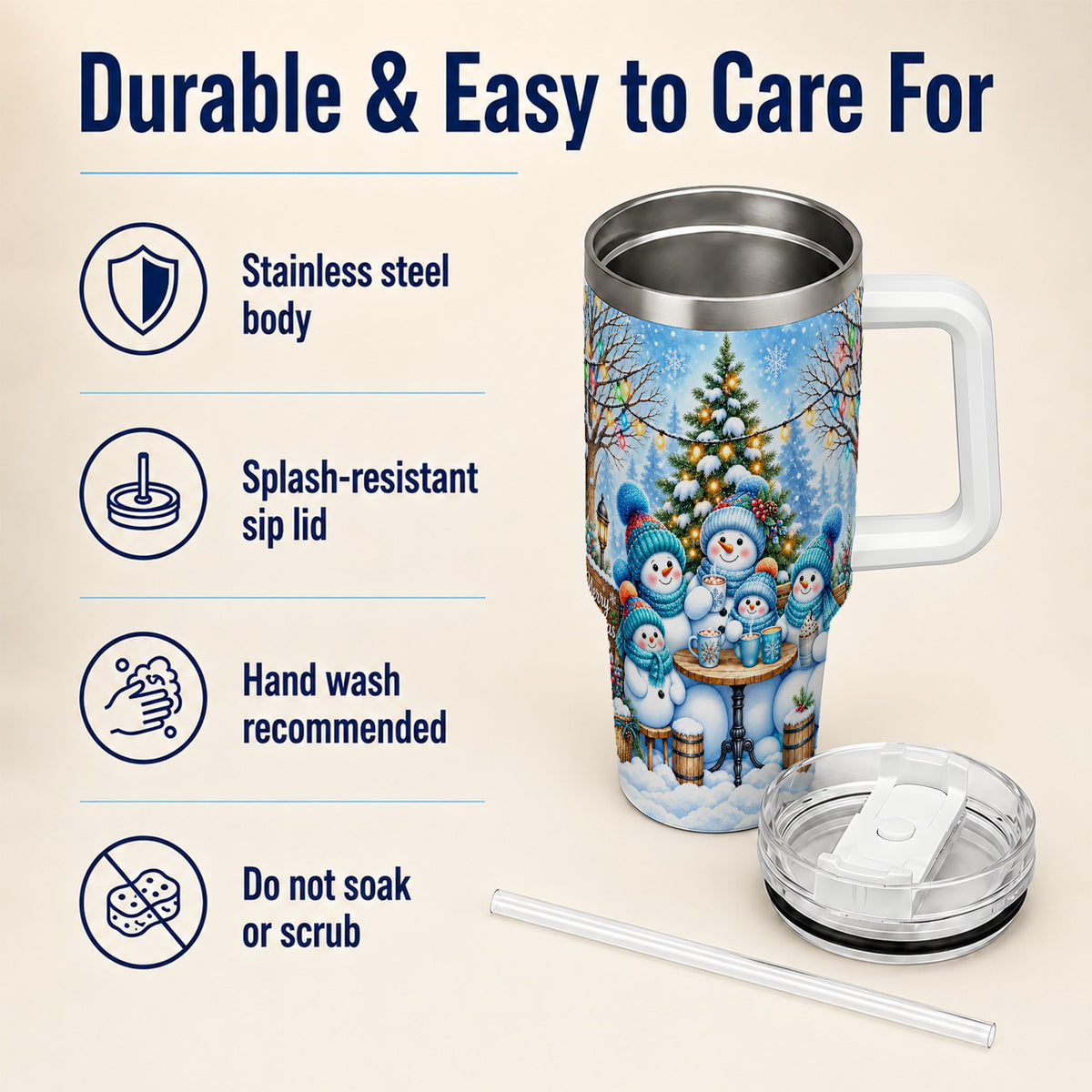 #pl[40oz|White] Snowman Family 40oz Tumbler with Handle, Christmas Stainless Steel Cup